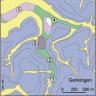 Blick auf eine vereinfachte farbige geologische Karte vom Wiesaztal zwischen Gönningen und Genkingen. Vorkommen von Kalktuff sind grün eingefärbt.
