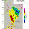 Farbiges Rasterbild eines Bergrutsches, basierend auf einer Luftaufnahme, die Veränderungen in den Geländehöhen sichtbar macht.