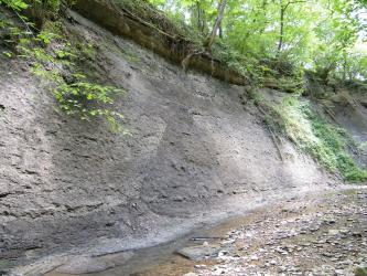 Blick auf eine hellgraue, steil nach links aufsteigende Böschung. Diese bildet das Ufer eines flachen, rechts vorbeifließenden steinigen Baches. Die braun gefärbte, bewachsene Kuppe hängt etwas nach rechts über.