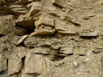Nahaufnahme einer Steinbruchwand mit gelbbraunem, teils locker geschichtetem Gestein unterschiedlicher Größe und Stärke. Während links größere Brocken liegen, ist rechts und mittig feineres Material zu sehen.