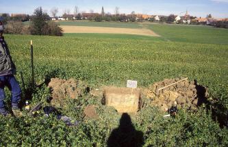 Auf einer leicht nach rechts geneigten grünen Ackerfläche wurde ein Bodenprofil aufgegraben. Die von der Sonne erhellte Stirnwand der Grube sowie das aufgehäufte Bodenmaterial rechts ist im oberen Bereich hellbraun, darunter gelbbraun gefärbt. 