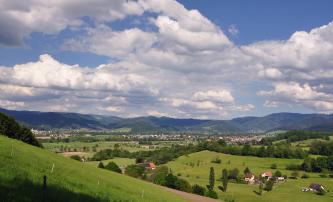 Vor einer bewaldeten Bergkette im Hintergrund breitet sich eine flache, rechts auch hügelige Ebene aus, die zu Füßen der Berge dicht, im Vordergrund dünner besiedelt ist. In der vorderen Mitte quert ein Waldstreifen die Ebene.