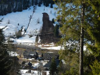 Aus der Vogelperspektive ist ein schneebedeckter, oben bewaldeter Hang zu sehen, an dem eine Straße verläuft. Im Vordergrund befinden sich ein Fluss und einige Häuser. Zentral im Bild ist die braune Erdmasse, die sich am Hang über die Straße erstreckt.