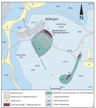 Im Bild ist eine Grafik, die Lage und Vorkommen von Tuffschloten und Sinterkalken im Raum Böttingen zeigt.
