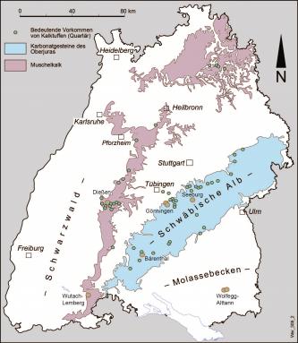 Zu sehen ist eine vereinfachte Übersichtskarte von Baden-Württemberg. Bedeutende Vorkommen von Kalktuffen sind als grüne Punkte eingezeichnet.