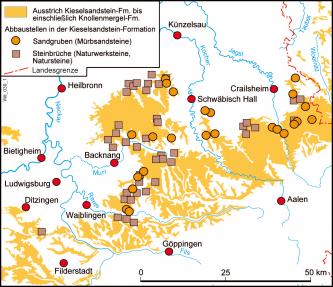 Vereinfachte, mehrfarbige Übersichtskarte mit der Lage von Sandgruben und Steinbrüchen im Kieselsandstein, etwa zwischen Filderstadt im Südwesten und Crailsheim im Nordosten.