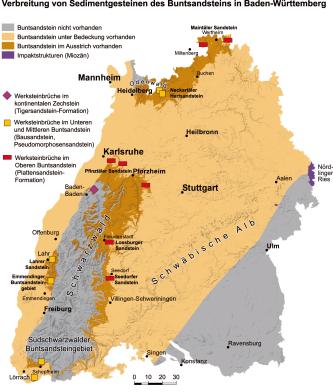 Karte von Baden-Württemberg, die mit unterschiedlichen Farben das Vorkommen und Fehlen von Buntsandstein aufzeigt.